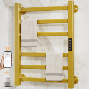 ENZE Smart Heated Towel Rack, 6-Bar Wall-Mounted Electric Towel Warmer 150W, Wi-Fi App Control & LED Touch Screen, Adjustable Temperature & 24H Timer, IPX5, Plug-in/Hardwired, Gold