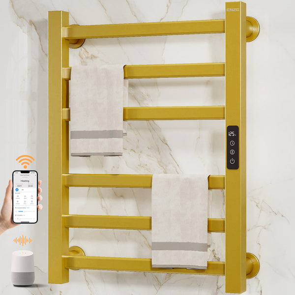 ENZE Smart Heated Towel Rack, 6-Bar Wall-Mounted Electric Towel Warmer 150W, Wi-Fi App Control & LED Touch Screen, Adjustable Temperature & 24H Timer, IPX5, Plug-in/Hardwired, Gold