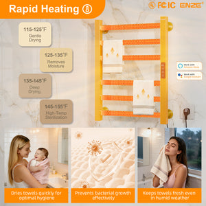ENZE Smart Heated Towel Rack, 6-Bar Wall-Mounted Electric Towel Warmer 150W, Wi-Fi App Control & LED Touch Screen, Adjustable Temperature & 24H Timer, IPX5, Plug-in/Hardwired, Gold