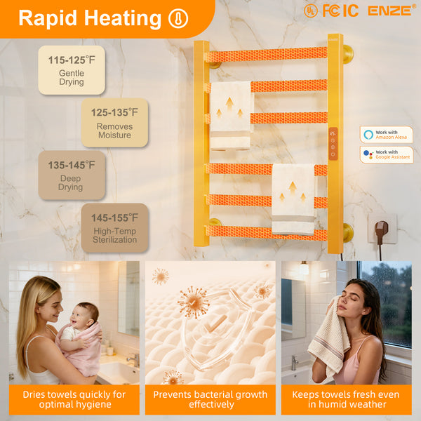 ENZE Smart Heated Towel Rack, 6-Bar Wall-Mounted Electric Towel Warmer 150W, Wi-Fi App Control & LED Touch Screen, Adjustable Temperature & 24H Timer, IPX5, Plug-in/Hardwired, Gold