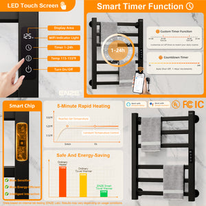 ENZE Smart Heated Towel Rack, 6-Bar Wall-Mounted Electric Towel Warmer 150W, Wi-Fi App Control & LED Touch Screen, Adjustable Temperature & 24H Timer, IPX5, Plug-in/Hardwired, Matte Black