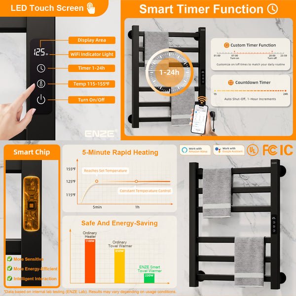 ENZE Smart Heated Towel Rack, 6-Bar Wall-Mounted Electric Towel Warmer 150W, Wi-Fi App Control & LED Touch Screen, Adjustable Temperature & 24H Timer, IPX5, Plug-in/Hardwired, Matte Black