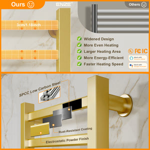 ENZE Smart Heated Towel Rack, 6-Bar Wall-Mounted Electric Towel Warmer 150W, Wi-Fi App Control & LED Touch Screen, Adjustable Temperature & 24H Timer, IPX5, Plug-in/Hardwired, Gold