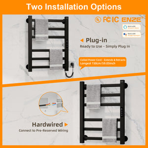 ENZE Smart Heated Towel Rack, 6-Bar Wall-Mounted Electric Towel Warmer 150W, Wi-Fi App Control & LED Touch Screen, Adjustable Temperature & 24H Timer, IPX5, Plug-in/Hardwired, Matte Black