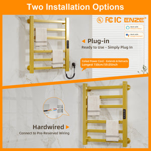 ENZE Smart Heated Towel Rack, 6-Bar Wall-Mounted Electric Towel Warmer 150W, Wi-Fi App Control & LED Touch Screen, Adjustable Temperature & 24H Timer, IPX5, Plug-in/Hardwired, Gold