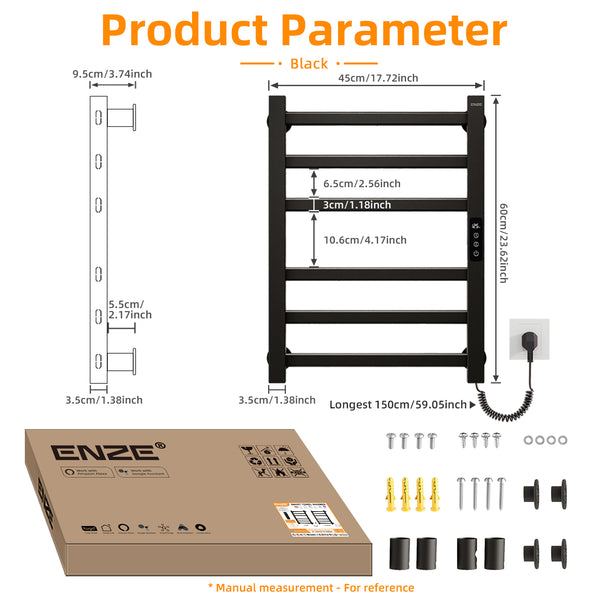 ENZE Smart Heated Towel Rack, 6-Bar Wall-Mounted Electric Towel Warmer 150W, Wi-Fi App Control & LED Touch Screen, Adjustable Temperature & 24H Timer, IPX5, Plug-in/Hardwired, Matte Black