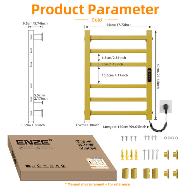 ENZE Smart Heated Towel Rack, 6-Bar Wall-Mounted Electric Towel Warmer 150W, Wi-Fi App Control & LED Touch Screen, Adjustable Temperature & 24H Timer, IPX5, Plug-in/Hardwired, Gold