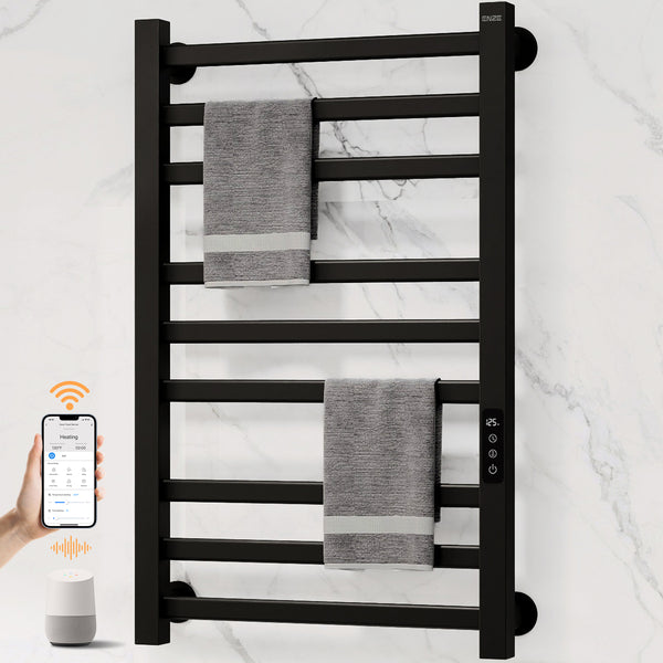 ENZE Smart Heated Towel Rack, 9-Bar Wall-Mounted Electric Towel Warmer 230W, Wi-Fi App Control & LED Touch Screen, Adjustable Temperature & 24H Timer, IPX5, Plug-in/Hardwired, Matte Black