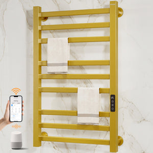 ENZE Smart Heated Towel Rack, 9-Bar Wall-Mounted Electric Towel Warmer 230W, Wi-Fi App Control & LED Touch Screen, Adjustable Temperature & 24H Timer, IPX5, Plug-in/Hardwired, Gold