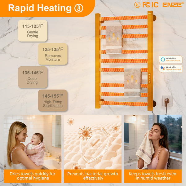 ENZE Smart Heated Towel Rack, 9-Bar Wall-Mounted Electric Towel Warmer 230W, Wi-Fi App Control & LED Touch Screen, Adjustable Temperature & 24H Timer, IPX5, Plug-in/Hardwired, Matte Black