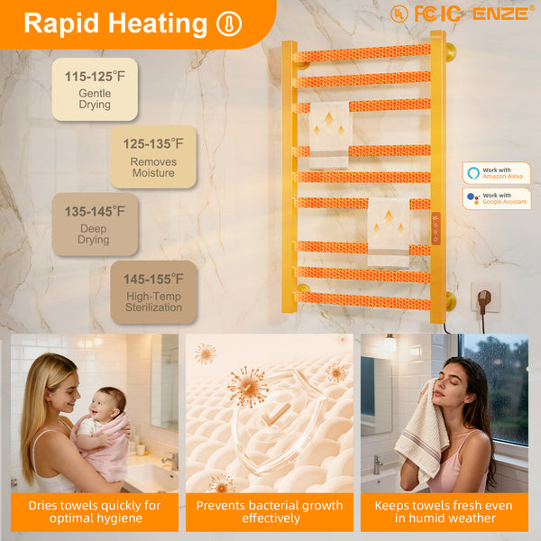 ENZE Smart Heated Towel Rack, 9-Bar Wall-Mounted Electric Towel Warmer 230W, Wi-Fi App Control & LED Touch Screen, Adjustable Temperature & 24H Timer, IPX5, Plug-in/Hardwired, Gold
