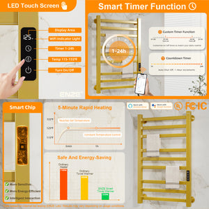 ENZE Smart Heated Towel Rack, 9-Bar Wall-Mounted Electric Towel Warmer 230W, Wi-Fi App Control & LED Touch Screen, Adjustable Temperature & 24H Timer, IPX5, Plug-in/Hardwired, Gold