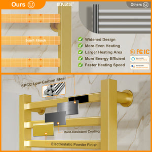 ENZE Smart Heated Towel Rack, 9-Bar Wall-Mounted Electric Towel Warmer 230W, Wi-Fi App Control & LED Touch Screen, Adjustable Temperature & 24H Timer, IPX5, Plug-in/Hardwired, Gold