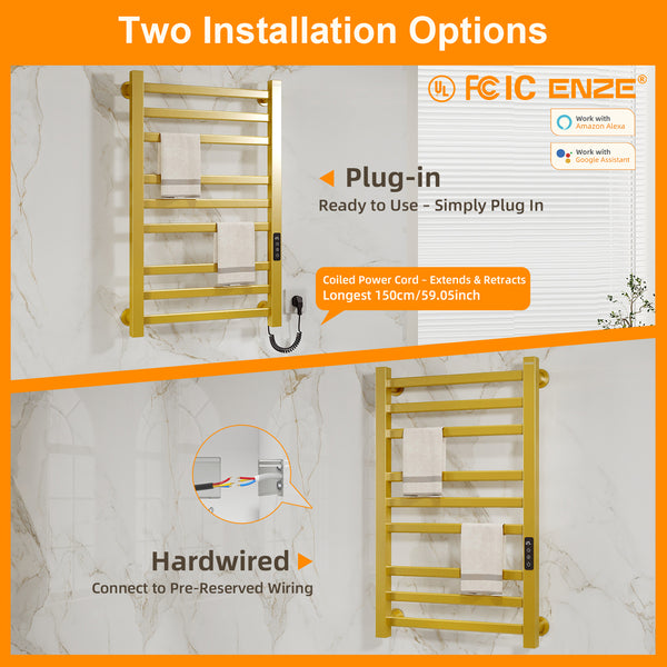 ENZE Smart Heated Towel Rack, 9-Bar Wall-Mounted Electric Towel Warmer 230W, Wi-Fi App Control & LED Touch Screen, Adjustable Temperature & 24H Timer, IPX5, Plug-in/Hardwired, Gold