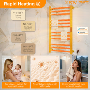 ENZE Smart Heated Towel Rack,12-Bar Wall-Mounted Electric Towel Warmer 320W, Wi-Fi App Control & LED Touch Screen, Adjustable Temperature & 24H Timer, IPX5, Plug-in/Hardwired, Gold