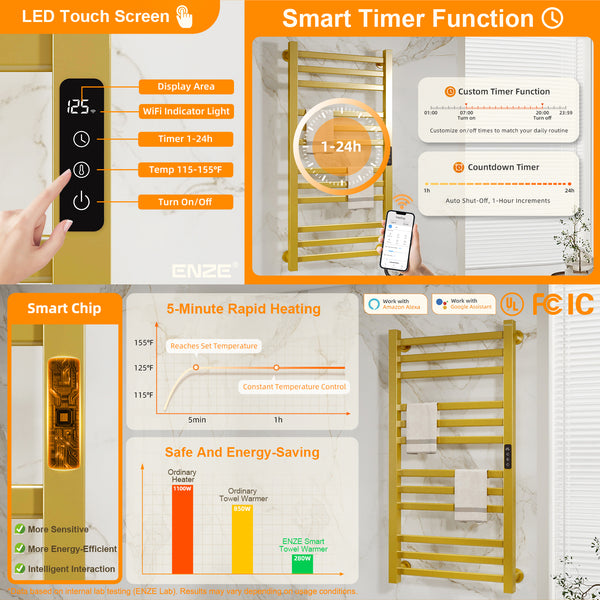 ENZE Smart Heated Towel Rack,12-Bar Wall-Mounted Electric Towel Warmer 320W, Wi-Fi App Control & LED Touch Screen, Adjustable Temperature & 24H Timer, IPX5, Plug-in/Hardwired, Gold