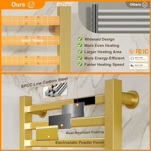 ENZE Smart Heated Towel Rack,12-Bar Wall-Mounted Electric Towel Warmer 320W, Wi-Fi App Control & LED Touch Screen, Adjustable Temperature & 24H Timer, IPX5, Plug-in/Hardwired, Gold