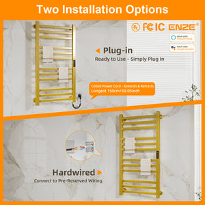 ENZE Smart Heated Towel Rack,12-Bar Wall-Mounted Electric Towel Warmer 320W, Wi-Fi App Control & LED Touch Screen, Adjustable Temperature & 24H Timer, IPX5, Plug-in/Hardwired, Gold