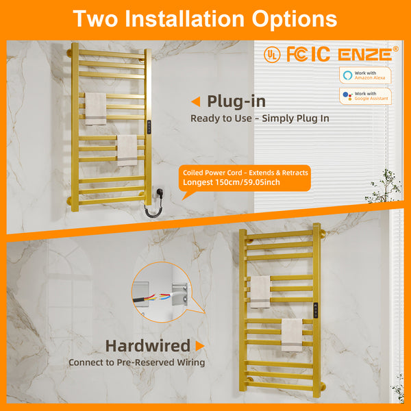 ENZE Smart Heated Towel Rack,12-Bar Wall-Mounted Electric Towel Warmer 320W, Wi-Fi App Control & LED Touch Screen, Adjustable Temperature & 24H Timer, IPX5, Plug-in/Hardwired, Gold