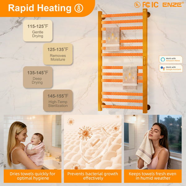 ENZE Smart Heated Towel Rack,12-Bar Wall-Mounted Electric Towel Warmer 320W, Wi-Fi App Control & LED Touch Screen, Adjustable Temperature & 24H Timer, IPX5, Plug-in/Hardwired, Matte Black