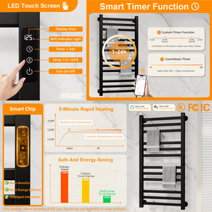 ENZE Smart Heated Towel Rack,12-Bar Wall-Mounted Electric Towel Warmer 320W, Wi-Fi App Control & LED Touch Screen, Adjustable Temperature & 24H Timer, IPX5, Plug-in/Hardwired, Matte Black