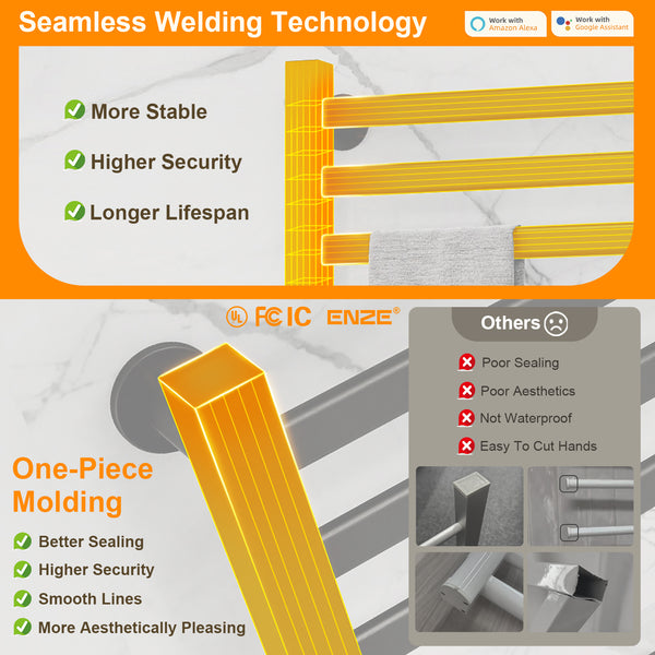 ENZE Smart Heated Towel Rack,12-Bar Wall-Mounted Electric Towel Warmer 320W, Wi-Fi App Control & LED Touch Screen, Adjustable Temperature & 24H Timer, IPX5, Plug-in/Hardwired, Matte Black