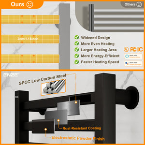 ENZE Smart Heated Towel Rack,12-Bar Wall-Mounted Electric Towel Warmer 320W, Wi-Fi App Control & LED Touch Screen, Adjustable Temperature & 24H Timer, IPX5, Plug-in/Hardwired, Matte Black