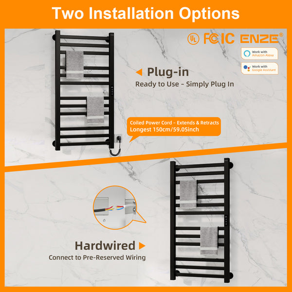 ENZE Smart Heated Towel Rack,12-Bar Wall-Mounted Electric Towel Warmer 320W, Wi-Fi App Control & LED Touch Screen, Adjustable Temperature & 24H Timer, IPX5, Plug-in/Hardwired, Matte Black