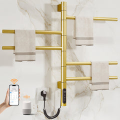 ENZE Smart Rotating Heated Towel Rack for Bathroom, 5-Bar Wall-Mounted Electric Towel Warmer 85W with Swivel Bars, Wi-Fi App Control, 24H Timer, Stainless Steel, IPX5, Hardwired/Plug-in, Gold