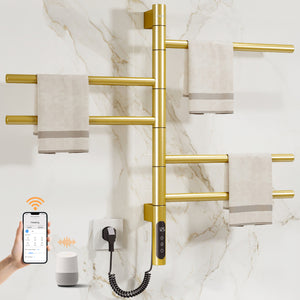 ENZE Smart Rotating Heated Towel Rack for Bathroom, 5-Bar Wall-Mounted Electric Towel Warmer 85W with Swivel Bars, Wi-Fi App Control, 24H Timer, Stainless Steel, IPX5, Hardwired/Plug-in, Gold