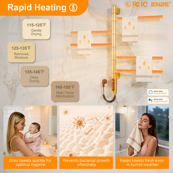 ENZE Smart Rotating Heated Towel Rack for Bathroom, 5-Bar Wall-Mounted Electric Towel Warmer 85W with Swivel Bars, Wi-Fi App Control, 24H Timer, Stainless Steel, IPX5, Hardwired/Plug-in, Gold
