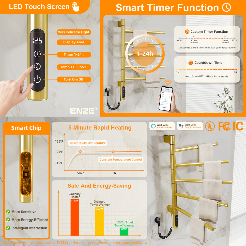 ENZE Smart Rotating Heated Towel Rack for Bathroom, 5-Bar Wall-Mounted Electric Towel Warmer 85W with Swivel Bars, Wi-Fi App Control, 24H Timer, Stainless Steel, IPX5, Hardwired/Plug-in, Gold