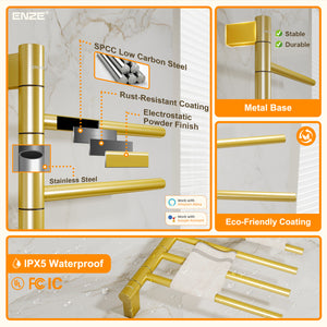 ENZE Smart Rotating Heated Towel Rack for Bathroom, 5-Bar Wall-Mounted Electric Towel Warmer 85W with Swivel Bars, Wi-Fi App Control, 24H Timer, Stainless Steel, IPX5, Hardwired/Plug-in, Gold