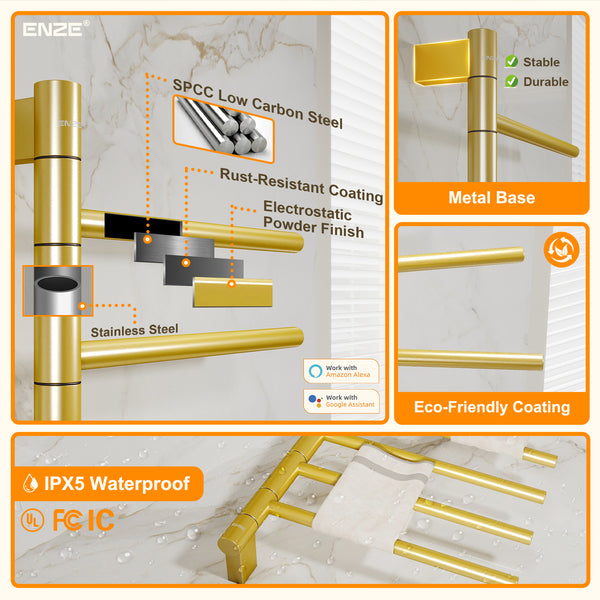 ENZE Smart Rotating Heated Towel Rack for Bathroom, 5-Bar Wall-Mounted Electric Towel Warmer 85W with Swivel Bars, Wi-Fi App Control, 24H Timer, Stainless Steel, IPX5, Hardwired/Plug-in, Gold