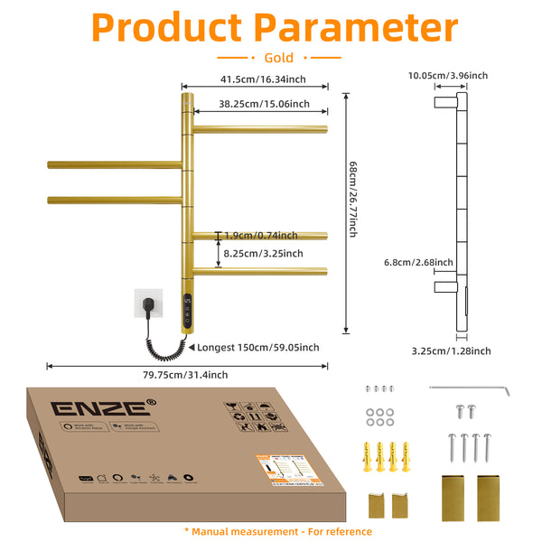 ENZE Smart Rotating Heated Towel Rack for Bathroom, 5-Bar Wall-Mounted Electric Towel Warmer 85W with Swivel Bars, Wi-Fi App Control, 24H Timer, Stainless Steel, IPX5, Hardwired/Plug-in, Gold