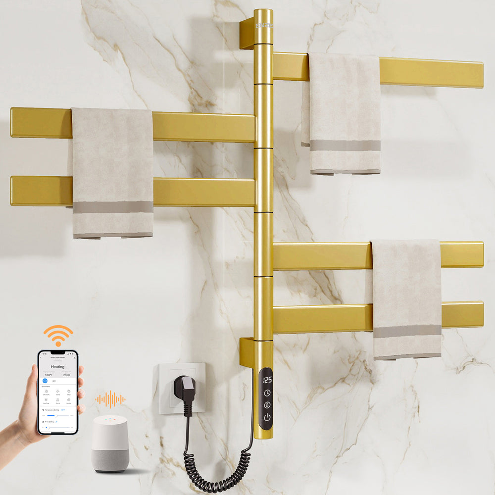 ENZE Smart Rotating Heated Towel Rack for Bathroom, 5-Bar Wall-Mounted Electric Towel Warmer 120W with Swivel Bars, Wi-Fi App Control, 24H Timer, Stainless Steel, IPX5, Hardwired/Plug-in, Gold