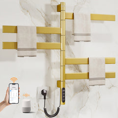 ENZE Smart Rotating Heated Towel Rack for Bathroom, 5-Bar Wall-Mounted Electric Towel Warmer 120W with Swivel Bars, Wi-Fi App Control, 24H Timer, Stainless Steel, IPX5, Hardwired/Plug-in, Gold