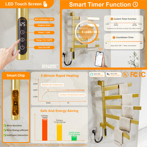 ENZE Smart Rotating Heated Towel Rack for Bathroom, 5-Bar Wall-Mounted Electric Towel Warmer 120W with Swivel Bars, Wi-Fi App Control, 24H Timer, Stainless Steel, IPX5, Hardwired/Plug-in, Gold