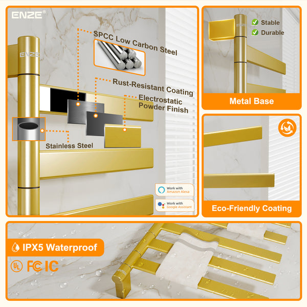 ENZE Smart Rotating Heated Towel Rack for Bathroom, 5-Bar Wall-Mounted Electric Towel Warmer 120W with Swivel Bars, Wi-Fi App Control, 24H Timer, Stainless Steel, IPX5, Hardwired/Plug-in, Gold