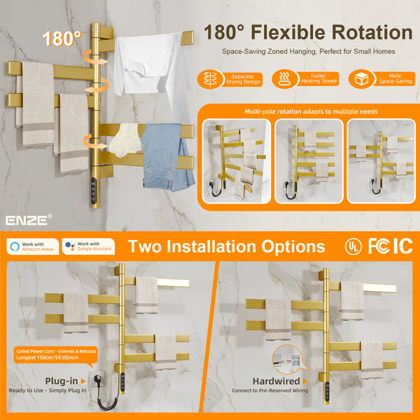 ENZE Smart Rotating Heated Towel Rack for Bathroom, 5-Bar Wall-Mounted Electric Towel Warmer 120W with Swivel Bars, Wi-Fi App Control, 24H Timer, Stainless Steel, IPX5, Hardwired/Plug-in, Gold