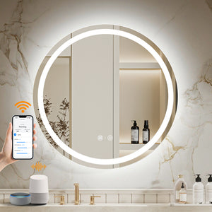 ENZE 24" Round LED Bathroom Mirror with Lights, Smart Wall-Mounted Vanity Mirror, Anti-Fog, 3 Color Lighting, Stepless Dimmable, Frameless, Shatter-Proof, Plug-in or Hardwired