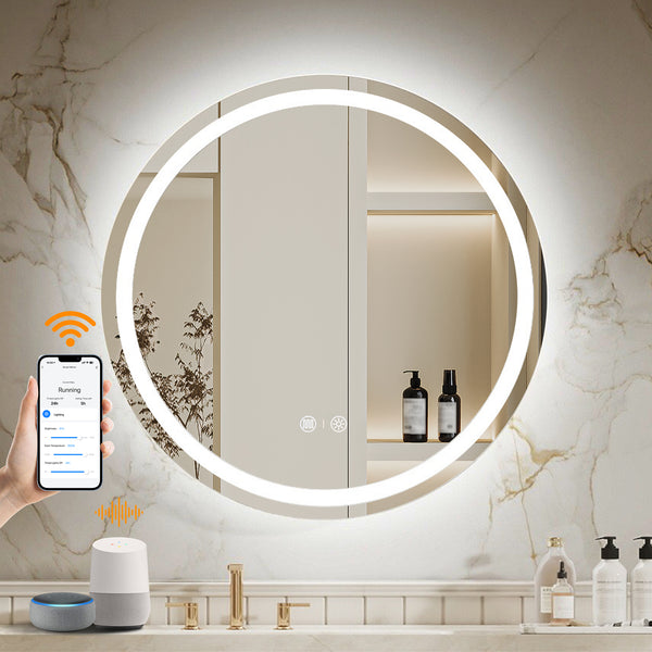 ENZE 24" Round LED Bathroom Mirror with Lights, Smart Wall-Mounted Vanity Mirror, Anti-Fog, 3 Color Lighting, Stepless Dimmable, Frameless, Shatter-Proof, Plug-in or Hardwired