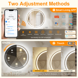 ENZE 24" Round LED Bathroom Mirror with Lights, Smart Wall-Mounted Vanity Mirror, Anti-Fog, 3 Color Lighting, Stepless Dimmable, Frameless, Shatter-Proof, Plug-in or Hardwired