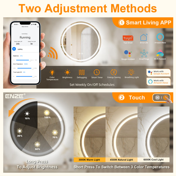 ENZE 24" Round LED Bathroom Mirror with Lights, Smart Wall-Mounted Vanity Mirror, Anti-Fog, 3 Color Lighting, Stepless Dimmable, Frameless, Shatter-Proof, Plug-in or Hardwired