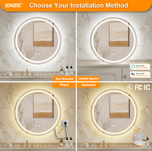 ENZE 24" Round LED Bathroom Mirror with Lights, Smart Wall-Mounted Vanity Mirror, Anti-Fog, 3 Color Lighting, Stepless Dimmable, Frameless, Shatter-Proof, Plug-in or Hardwired