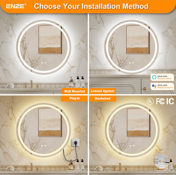 ENZE 24" Round LED Bathroom Mirror with Lights, Smart Wall-Mounted Vanity Mirror, Anti-Fog, 3 Color Lighting, Stepless Dimmable, Frameless, Shatter-Proof, Plug-in or Hardwired