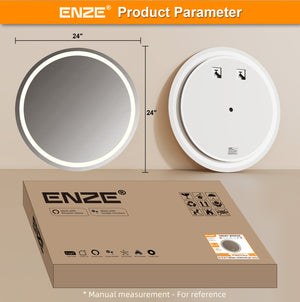 ENZE 24" Round LED Bathroom Mirror with Lights, Smart Wall-Mounted Vanity Mirror, Anti-Fog, 3 Color Lighting, Stepless Dimmable, Frameless, Shatter-Proof, Plug-in or Hardwired