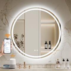 ENZE 32" Round LED Bathroom Mirror with Lights, Smart Wall-Mounted Vanity Mirror, Anti-Fog, 3 Color Lighting, Stepless Dimmable, Frameless, Shatter-Proof, Plug-in or Hardwired