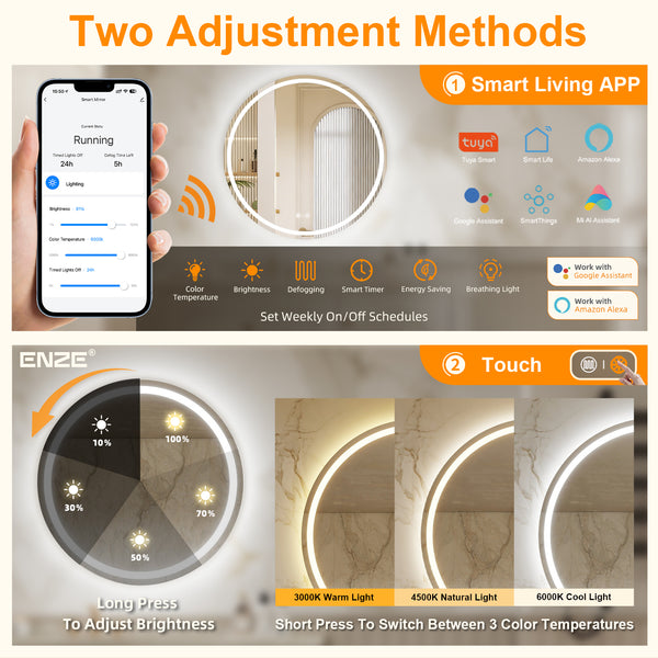 ENZE 32" Round LED Bathroom Mirror with Lights, Smart Wall-Mounted Vanity Mirror, Anti-Fog, 3 Color Lighting, Stepless Dimmable, Frameless, Shatter-Proof, Plug-in or Hardwired
