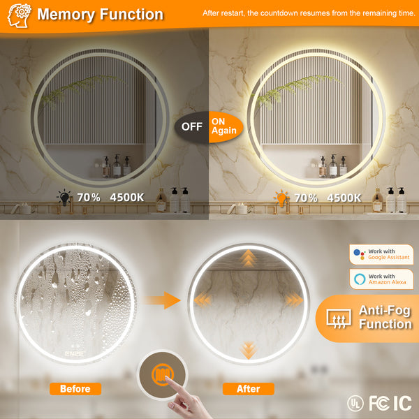 ENZE 32" Round LED Bathroom Mirror with Lights, Smart Wall-Mounted Vanity Mirror, Anti-Fog, 3 Color Lighting, Stepless Dimmable, Frameless, Shatter-Proof, Plug-in or Hardwired